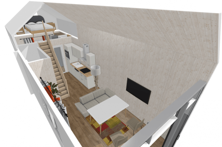 Wooden tiny house interior 3D